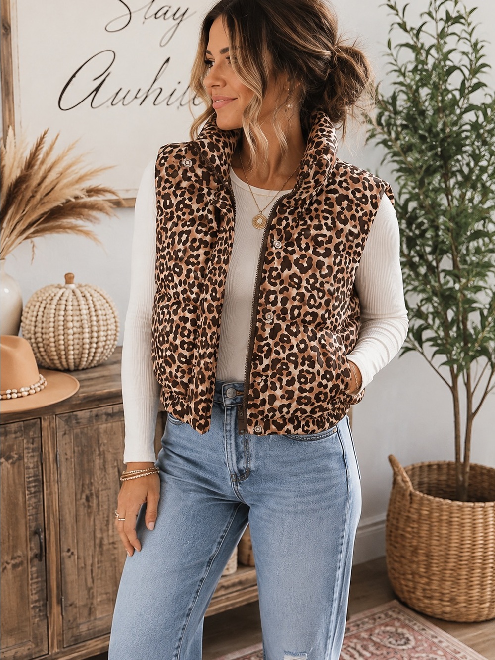 Leopard Print Puffer Vest in Brown/Tan